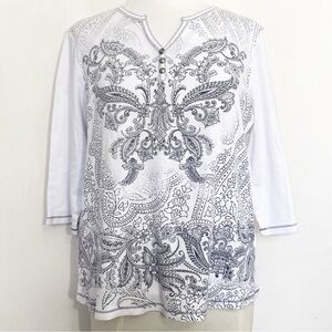 Blue Canyon White Gray Blingy Butterfly Paisley Print Soft Cotton Knit Top 1X
